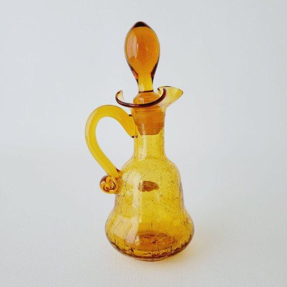 Hand Blown Amber Crackle Glass Cruet by Rainbow, Vintage Yellow Vinegar Bottle - Picture 2 of 14